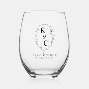 Simple, Elegant Vine Crest Couple Monogram + Date Stemless Wine Glass