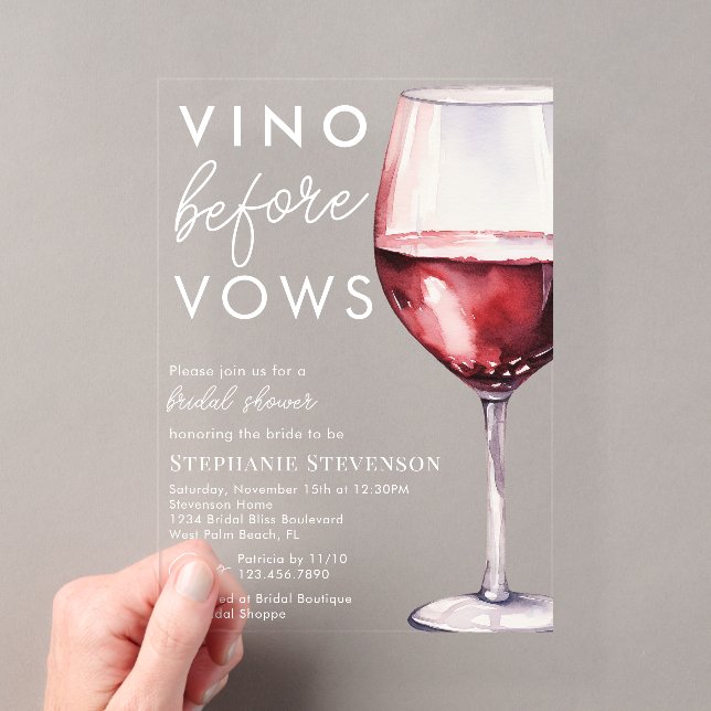 Simple Elegant Vino Before Vows Wine Bridal Shower Acrylic Invitations (Insitu (Handheld))