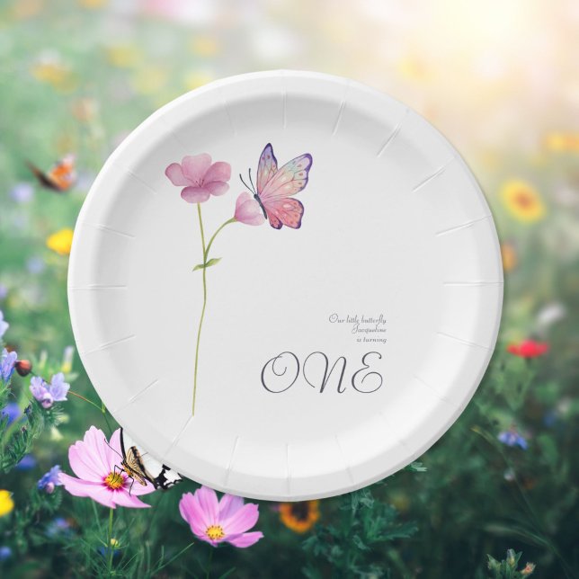 Simple Elegant Watercolor Butterfly 1st Birthday Paper Plate (Creator Uploaded)