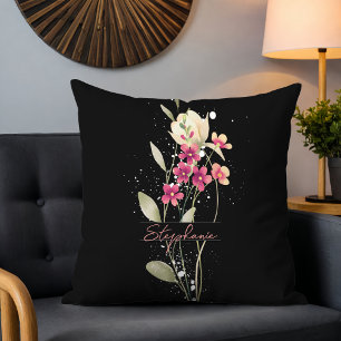 Simple Elegant Watercolor Flowers Black Throw Pillow