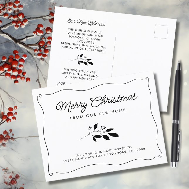 Simple Elegant Wavy Border Holiday Moving Announcement Postcard (Simple Elegant Wavy Border Christmas Botanical Holiday Moving Announcement Postcard)