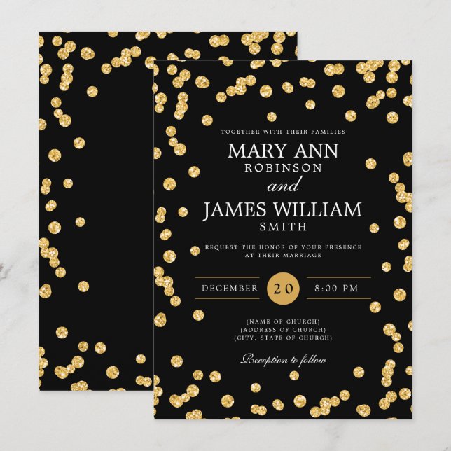 Simple Elegant Wedding Gold Glitter Confetti Black Invitation (Front/Back)