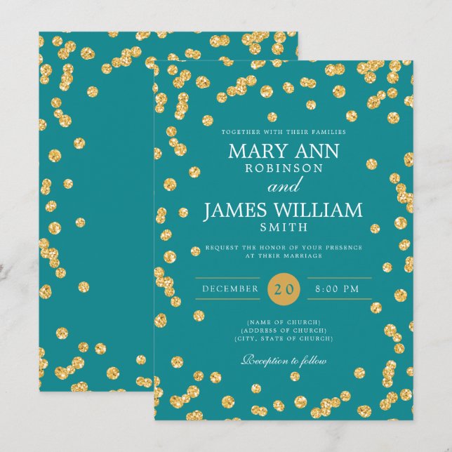 Simple Elegant Wedding Gold Glitter Confetti Teal  Invitation (Front/Back)