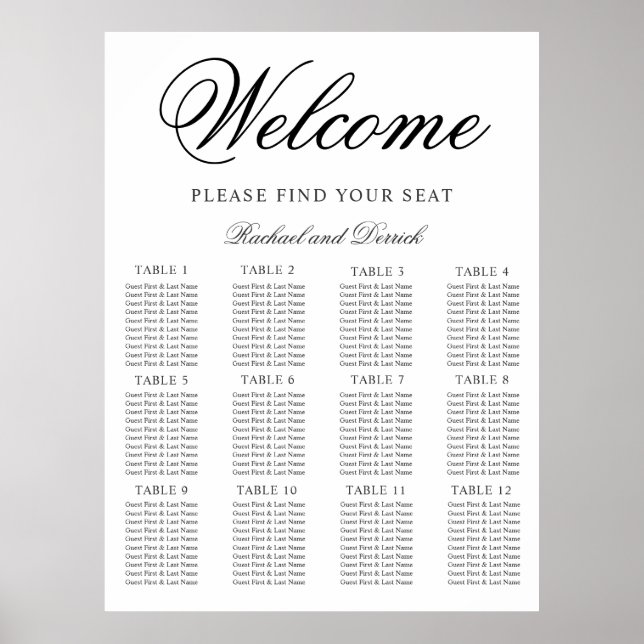 Simple Elegant Wedding Seating Chart for 12 Tables (Front)