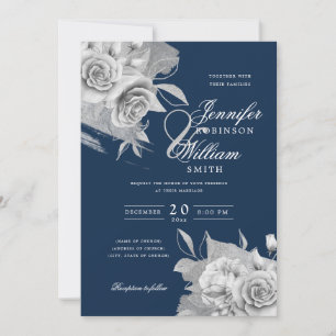 Simple Elegant Wedding Silver Floral & Foil Navy  Invitation