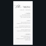 Simple Elegant Wedding Wedding Food Menu<br><div class="desc">This elegantly simple wedding menu card, featuring a sophisticated black and white design, sets the tone for an exquisite dining experience. Each course, from the spicy shrimp cocktail starter to the decadent banana foster tart dessert, is detailed in a clean, modern typography that reflects the couple's taste and style. Ideal...</div>
