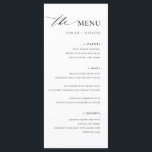 Simple Elegant Wedding Wedding Food Menu<br><div class="desc">This elegantly simple wedding menu card, featuring a sophisticated black and white design, sets the tone for an exquisite dining experience. Each course, from the spicy shrimp cocktail starter to the decadent banana foster tart dessert, is detailed in a clean, modern typography that reflects the couple's taste and style. Ideal...</div>