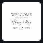 Simple Elegant Wedding Welcome Square Sticker<br><div class="desc">This simple elegant wedding welcome square sticker is perfect for your modern minimalist black and white wedding. The design features minimal contemporary font accompanied by formal calligraphy. Keep it as is,  or choose to personalize it with your own artwork or photos!</div>