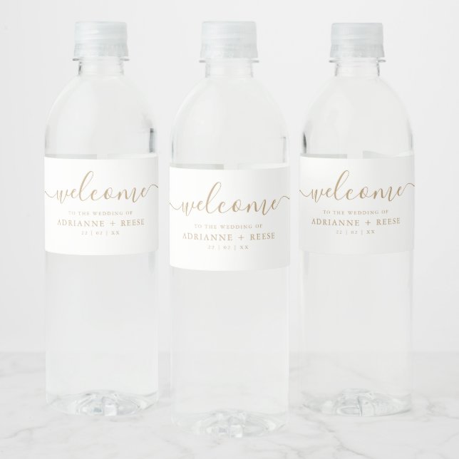 Simple Elegant White and Gold Wedding Water Bottle Water Bottle Label (Bottles)