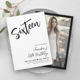 Simple Elegant White Black Sweet 16 Script Invitation