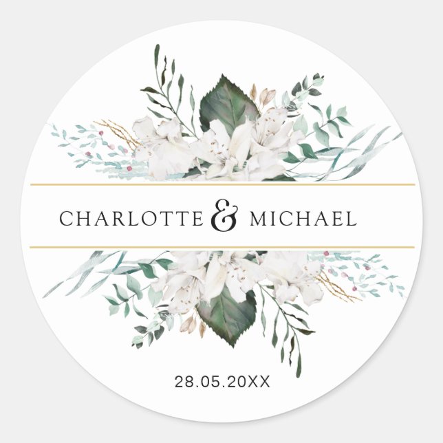 Simple, elegant white flowers wedding classic round sticker (Front)