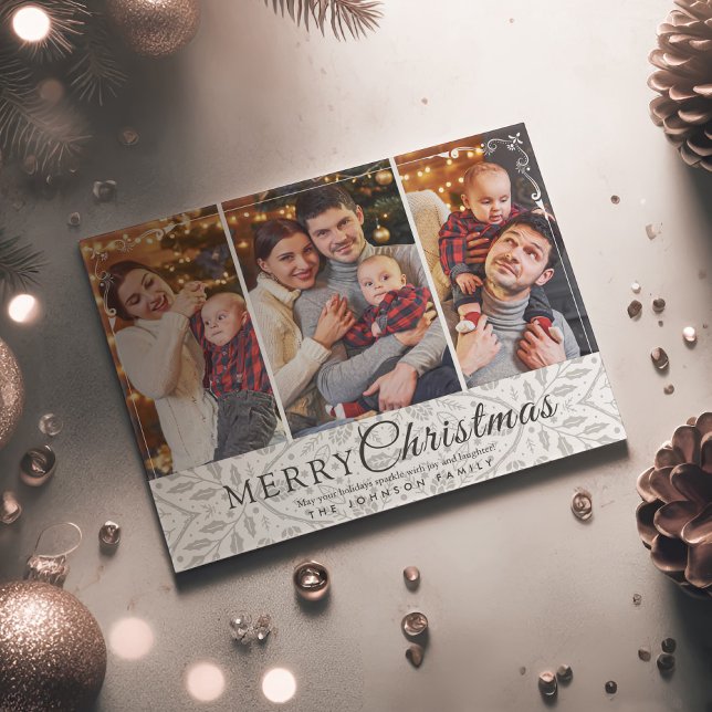 Simple Elegant White Frame 3 Photo Christmas Holiday Postcard (Creator Uploaded)