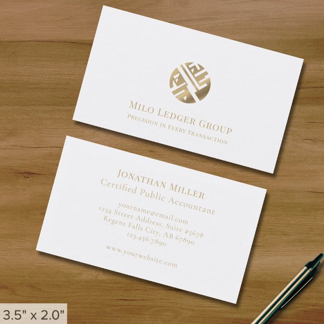 Simple Elegant White Gold Geometric Logo Business Card (Creator Uploaded)
