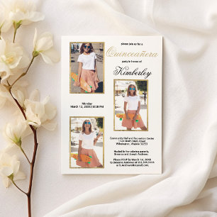 Simple Elegant White Gold Photo Quinceañera Invitation