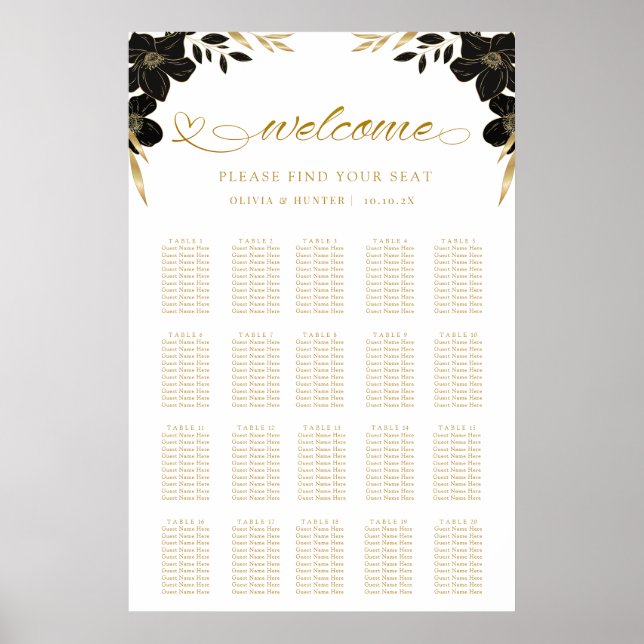 Simple Elegant White & Gold Wedding Seating Chart (Front)