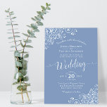 Simple Elegant White Lace on Dusty Blue Wedding Invitation<br><div class="desc">This beautiful wedding invitation features a simple yet elegant design with lacy script calligraphy on a dusty blue background and frilly white floral lace filigree in the corners. The colors are perfect for a winter ceremony.</div>