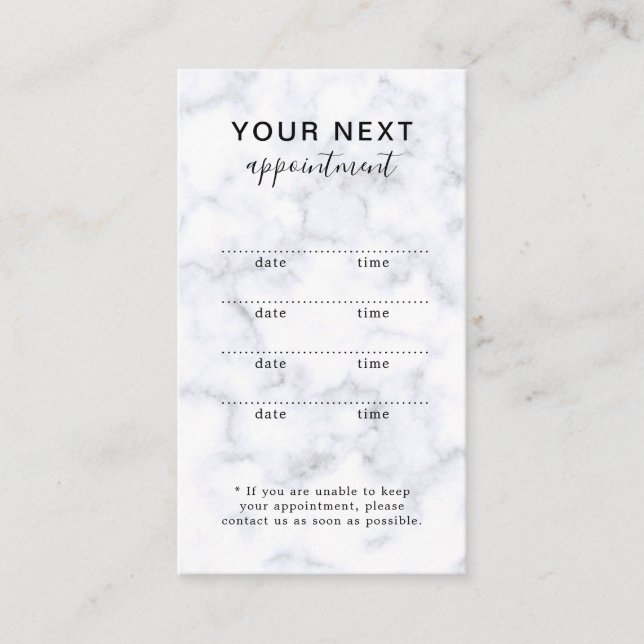 Simple Elegant White Marble Beauty Salon  Appointment Card (Front)