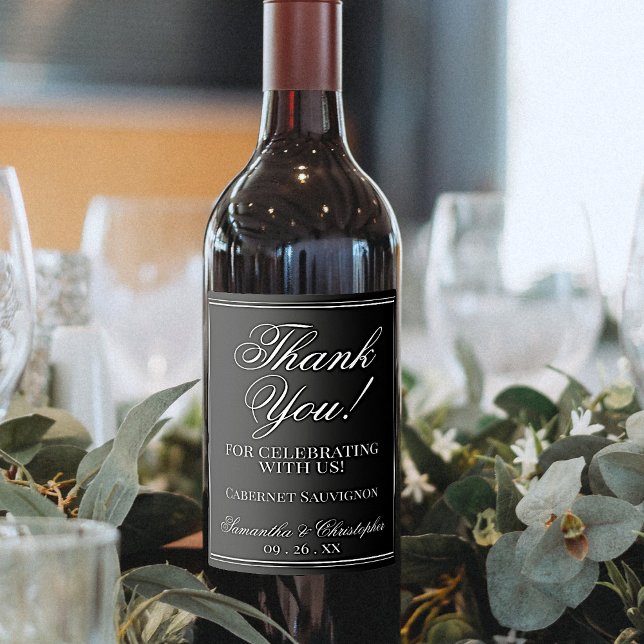 Simple Elegant White on Black Wedding Thank You Wine Label (Creator Uploaded)