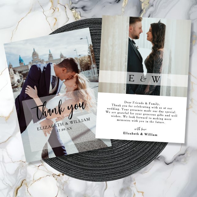 Simple Elegant white overlay 2 Photo Wedding Thank You Card (Simple Elegant white overlay 2 Photo Wedding Thank You Card)