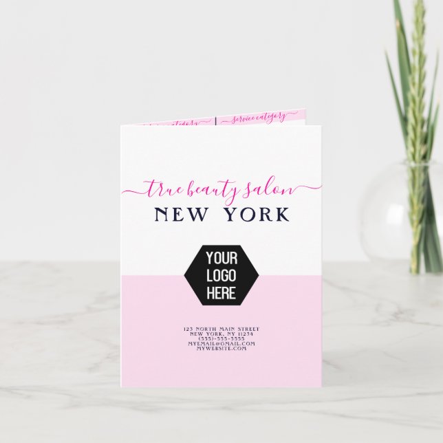 Simple Elegant White Pink Logo Salon Price List Note Card (Front)