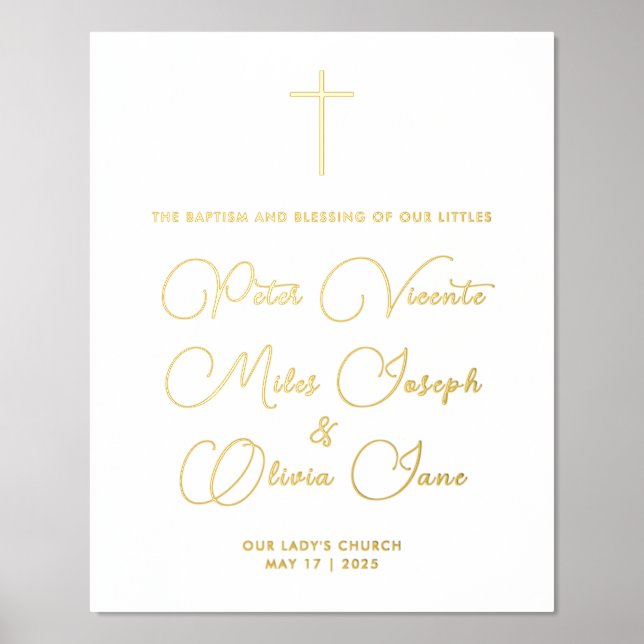 Simple Elegant White Religious Triplets Baptism Foil Prints (Front)