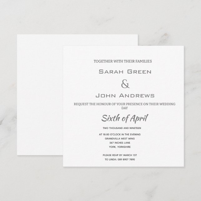Simple Elegant White Wedding Square Invitation (Front/Back)