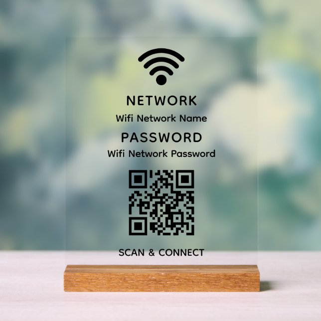 Simple Elegant Wifi QR Code Network Password Acrylic Sign (Neutral)