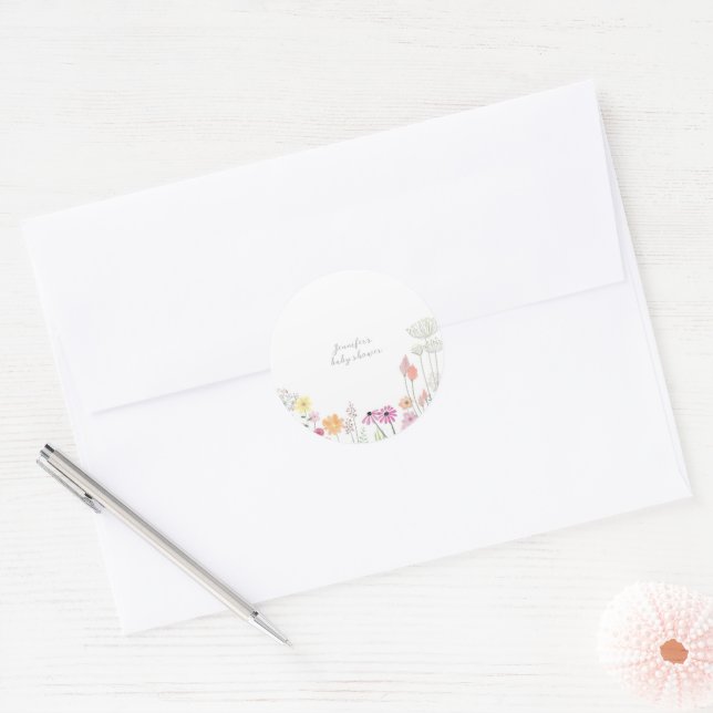 Simple Elegant Wildflower Baby Shower  Classic Round Sticker (Envelope)