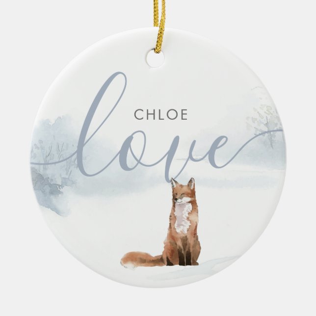 Simple Elegant Winter Woodland Scene Fox Ceramic Ornament (Front)
