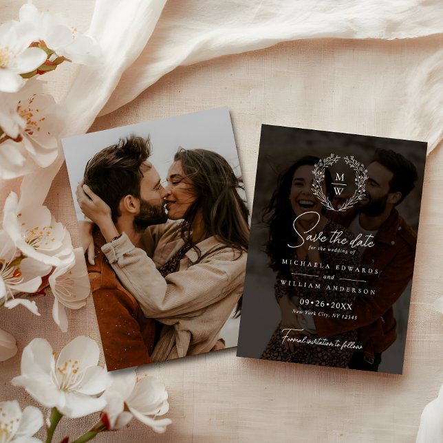 Simple Elegant Wreath 2-Photo Text Overlay Wedding Save The Date (Creator Uploaded)