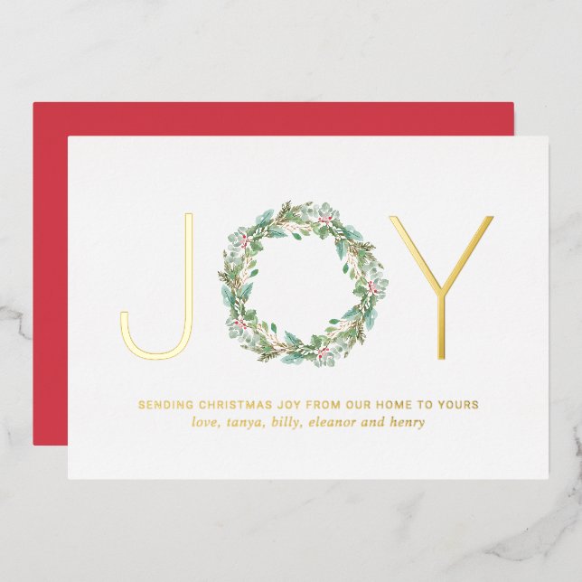Simple Elegant Wreath Joy Christmas Gold Foil Foil Holiday Card (Front/Back)