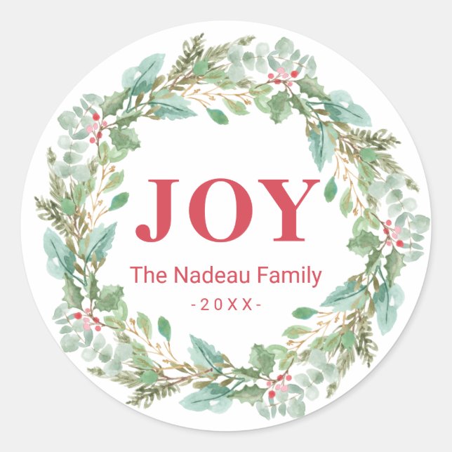 Simple Elegant Wreath Joy Modern Christmas Classic Round Sticker (Front)