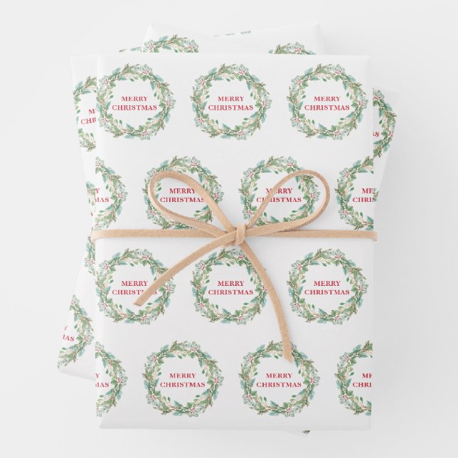 Simple Elegant Wreath Joy Modern Christmas Wrapping Paper Sheet (In situ)