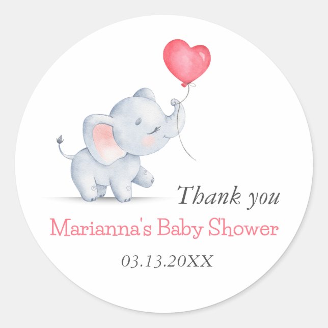 Simple Elephant & Heart Balloon Baby Shower Classic Round Sticker (Front)