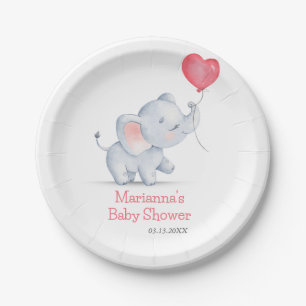 Simple Elephant & Heart Balloon Baby Shower Paper Plate