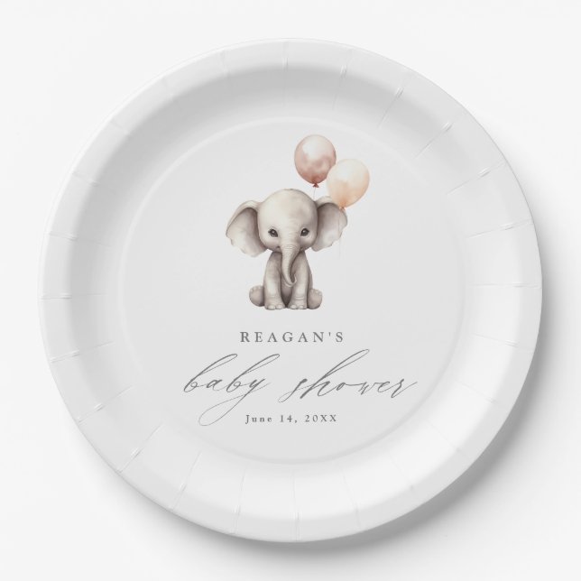 Simple Elephant with Balloons Neutral Baby Shower Paper Plate (Front)