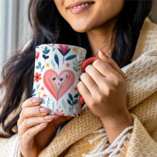 SIMPLE ELIGANT RED FLORAL AND HEART VALENTINE'S MUG