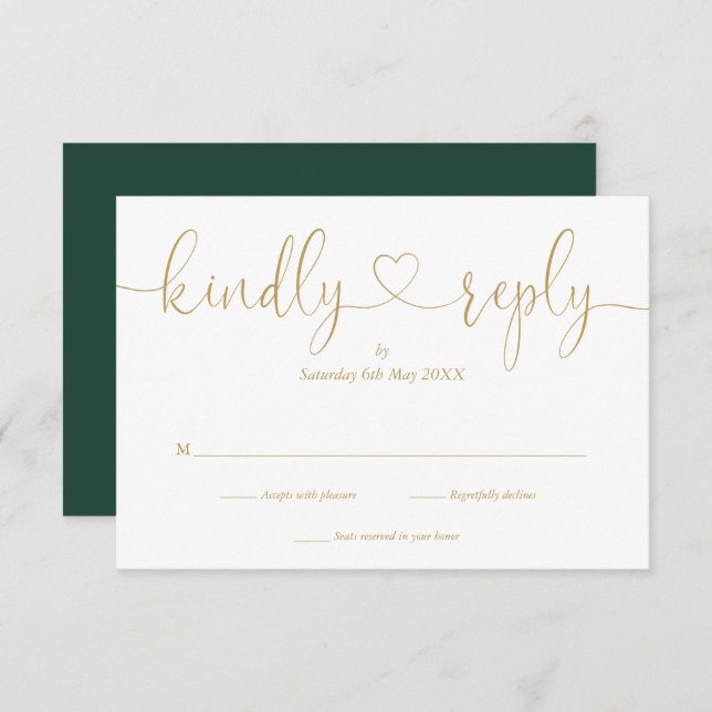 Simple Emerald And Gold Script Heart Kindly Reply RSVP Card (Front/Back)