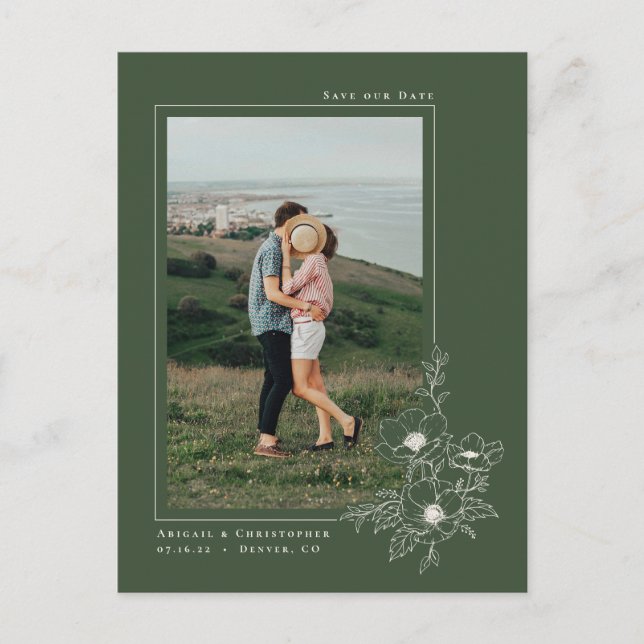 Simple Emerald Anemone Art Floral Save the Date Announcement Postcard (Front)