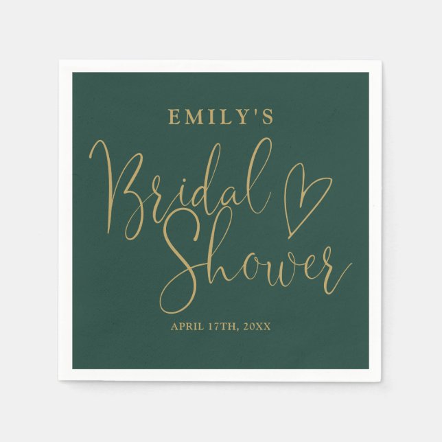 Simple Emerald Green and Gold Script Bridal Shower Napkin (Front)