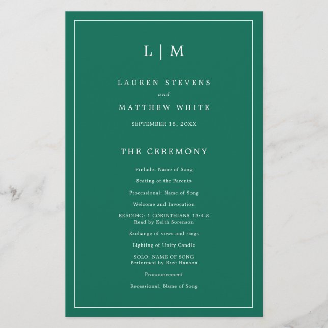 Simple Emerald Green Elegant Wedding Programme (Devant)