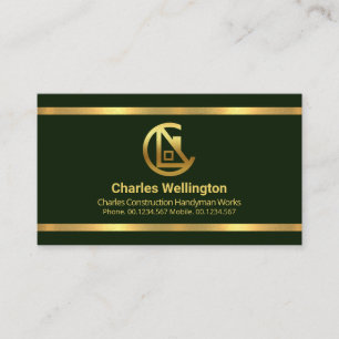 Simple Emerald Green Gold Borders Contractor Business Card