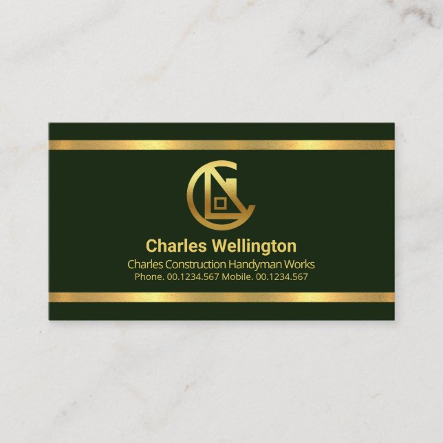 Simple Emerald Green Gold Borders Contractor Business Card (Front)