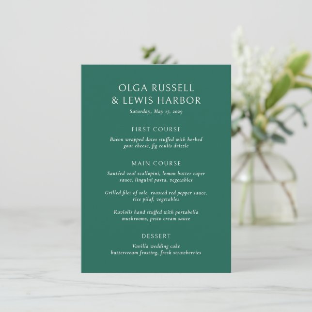 Simple Emerald Green Modern Wedding Menu (Standing Front)