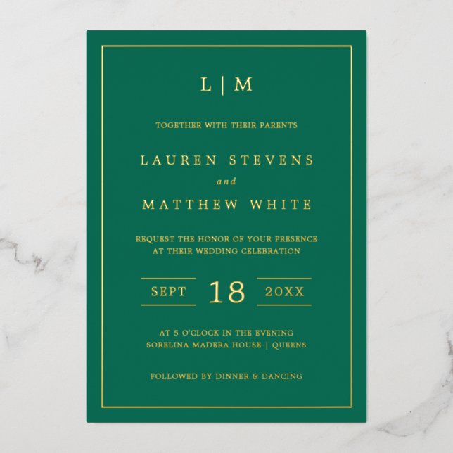 Simple Emerald Green Monogram Elegant Wedding (Front)