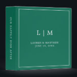 Simple Emerald Green Monogram Elegant Wedding Binder<br><div class="desc">Simple wedding binder featuring a modern yet elegant design with your two letter monogram along with your names and wedding date surrounded by a thin border. All text is in white over a jewel tone emerald green background. The fonts and background colours may be changed to any colours you wish....</div>