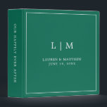 Simple Emerald Green Monogram Elegant Wedding Binder<br><div class="desc">Simple wedding binder featuring a modern yet elegant design with your two letter monogram along with your names and wedding date surrounded by a thin border. All text is in white over a jewel tone emerald green background. The fonts and background colours may be changed to any colours you wish....</div>