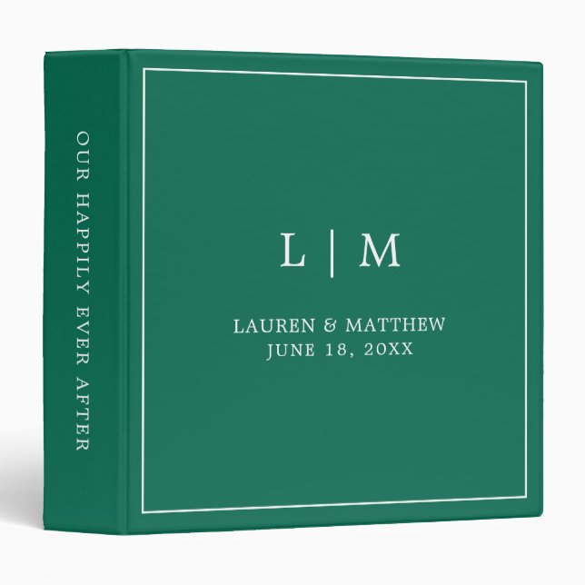 Simple Emerald Green Monogram Elegant Wedding Binder (Front/Spine)
