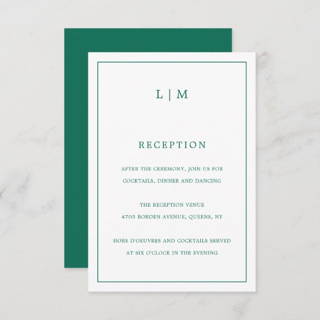 Simple Emerald Green Monogram Elegant Wedding Enclosure Card (Front/Back)