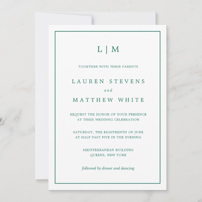 Simple Emerald Green Monogram Elegant Wedding Invitation (Front)